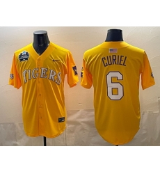 Men LSU Tigers 6 Derek Curiel Gold 2025 World Series SEC Patch Stitched Baseball Jersey Men LSU Tigers 6 Derek Curiel Gold 2025 World Series SEC Patch Stitched Baseball Jersey
