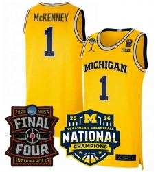 Men Michigan Wolverines  1 Trey McKenney Yellow 2025 26 Final Four   National Champions Patch Stitched Basketball Jersey