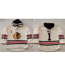 Men Chicago Blackhawks 1 Glenn Hall Cream Heavyweight Pullover Hoodie Stitched NHL Jersey