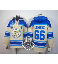 Men Pittsburgh Penguins 66 Mario Lemieux Cream Sawyer Hooded Sweatshirt 2017 Stanley Cup Final Patch Stitched NHL Jersey