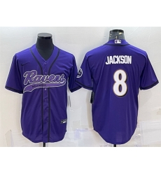 Men Baltimore Ravens 8 Lamar Jackson Purple With Patch Cool Base Stitched Baseball Jersey