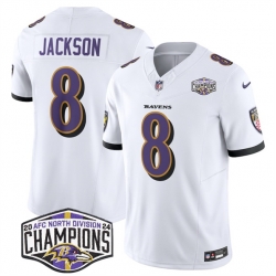 Men Baltimore Ravens 8 Lamar Jackson White F U S E 2024 AFC North Division Champions Vapor Limited Football Jersey