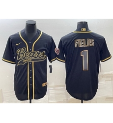 Men Chicago Bears 1 Justin Fields Black Gold With Patch Cool Base Stitched Baseball Jersey