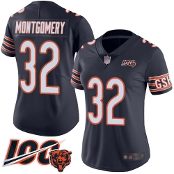 Women Chicago Bears 32 David Montgomery Navy Blue Team Color 100th Season Limited Football Jersey