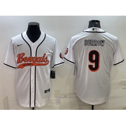 Men Cincinnati Bengals 9 Joe Burrow White With Patch Cool Base Stitched Baseball Jersey