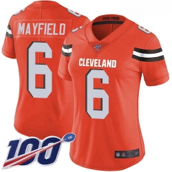 Browns #6 Baker Mayfield Orange Alternate Women Stitched Football 100th Season Vapor Limited Jersey