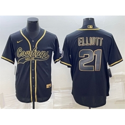 Men Dallas Cowboys 21 Ezekiel Elliott Black Gold With Patch Cool Base Stitched Baseball Jersey