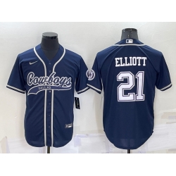 Men Dallas Cowboys 21 Ezekiel Elliott Navy Cool Base Stitched Baseball Jersey