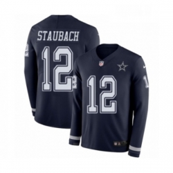 Youth Nike Dallas Cowboys 12 Roger Staubach Limited Navy Blue Therma Long Sleeve NFL Jersey