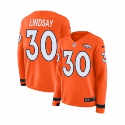 Womens Nike Denver Broncos 30 Phillip Lindsay Limited Orange Therma Long Sleeve NFL Jersey