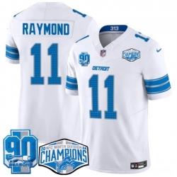 Men Detroit Lions 11 Kalif Raymond White 2024 NFC North Champions 90th Anniversary Patch F U S E  Vapor Limited Stitched Jersey