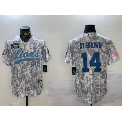 Men Detroit Lions 14 Amon Ra St Brown 2024 Arctic Camo Salute To Service Stitched Baseball Jersey 1