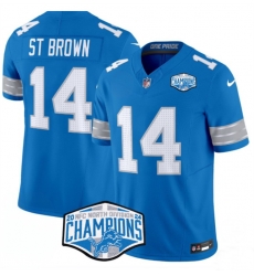 Men Detroit Lions 14 Amon Ra St  Brown Blue 2024 NFC North Champions F U S E  Vapor Limited Stitched Jersey