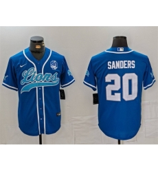 Men Detroit Lions 20 Barry Sanders Blue With 90th Anniversary Patch Cool Base Stitched Baseball Jersey