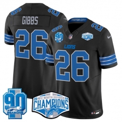 Men Detroit Lions 26 Jahmyr Gibbs Black 2024 NFC North Champions 90th Anniversary Patch F U S E  Vapor Limited Stitched Jersey