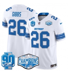 Men Detroit Lions 26 Jahmyr Gibbs White 2024 NFC North Champions 90th Anniversary Patch F U S E  Vapor Limited Stitched Jersey