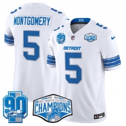 Men Detroit Lions 5 David Montgomery White 2024 NFC North Champions 90th Anniversary Patch F U S E  Vapor Limited Stitched Jersey