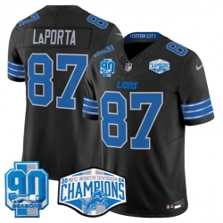 Men Detroit Lions 87 Sam LaPorta Black 2024 NFC North Champions 90th Anniversary Patch F U S E  Vapor Limited Stitched Jersey