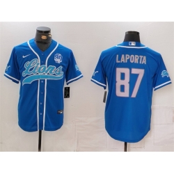 Men Detroit Lions 87 Sam LaPorta Blue With 90th Anniversary Patch Cool Base Stitched Baseball Jersey