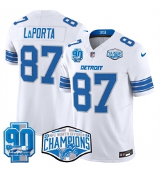 Men Detroit Lions 87 Sam LaPorta White 2024 NFC North Champions 90th Anniversary Patch F U S E  Vapor Limited Stitched Jersey