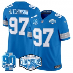 Men Detroit Lions 97 Aidan Hutchinson Blue 2024 NFC North Champions 90th Anniversary Patch F U S E  Vapor Limited Stitched Jersey