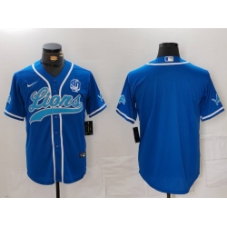 Men Detroit Lions Blank Blue With 90th Anniversary Patch Cool Base Stitched Baseball Jersey