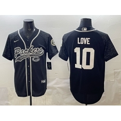 Men Green Bay Packers 10 Jordan Love Black Reflective With Patch Cool Base Stitched Baseball Jersey
