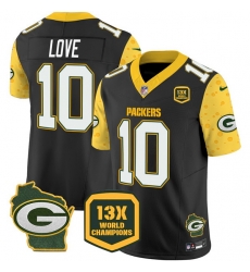 Men Green Bay Packers 10 Jordan Love Cheese Black 2024 F U S E  13 Time World Champions And Home Patch Vapor Untouchable Limited Stitched Football Jersey