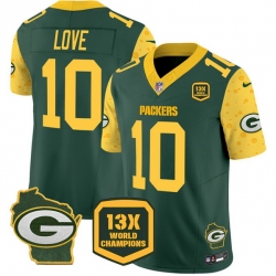 Men Green Bay Packers 10 Jordan Love Cheese Green 2024 F U S E  13 Time World Champions And Home Patch Vapor Untouchable Limited Stitched Football Jersey