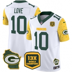 Men Green Bay Packers 10 Jordan Love Cheese White 2024 F U S E  13 Time World Champions And Home Patch Vapor Untouchable Limited Stitched Football Jersey