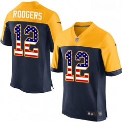 Men Nike Green Bay Packers 12 Aaron Rodgers Elite Navy Blue Alternate USA Flag Fashion NFL Jersey