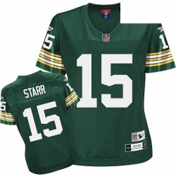 Reebok Green Bay Packers 15 Bart Starr Green Womens Throwback Team Color Premier EQT NFL Jersey