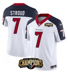 Men Houston Texans 7 C J  Stroud White Navy 2023 F U S E  AFC South Champions Patch Limited Stitched Football Jersey