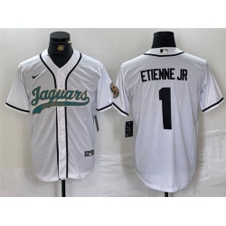 Men Jacksonville Jaguars 1 Travis Etienne Jr  White With Patch Cool Base Stitched Baseball Jersey