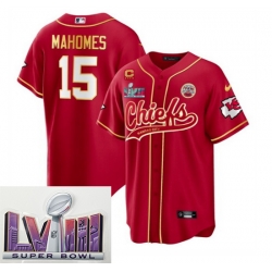 Men Kansas City Chiefs 15 Patrick Mahomes Red With 4 Star C Patch And Super Bowl LVIII Patch Cool Bae Stitched Baseball Jersey