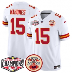 Men Kansas City Chiefs 15 Patrick Mahomes White F U S E  2024 AFC West Division Champions Vapor Limited Stitched Football Jersey