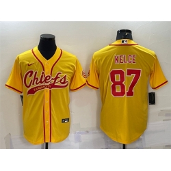 Men Kansas City Chiefs 87 Travis Kelce Gold With Patch Cool Base Stitched Baseball Jersey