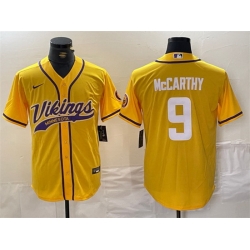 Men Minnesota Vikings 9 J J  McCarthy Yellow Cool Base Stitched Baseball Jersey