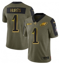 Men Philadelphia Eagles 1 Jalen Hurts 2021 Olive Camo Salute To Service Golden Limited Stitched Jersey