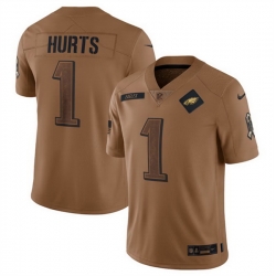Men Philadelphia Eagles 1 Jalen Hurts 2023 Brown Salute To Service Limited Stitched Football Jersey
