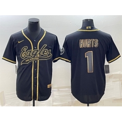 Men Philadelphia Eagles 1 Jalen Hurts Black Gold With Patch Cool Base Stitched Baseball Jersey