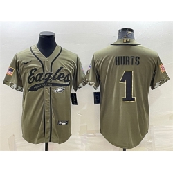 Men Philadelphia Eagles 1 Jalen Hurts Olive 2022 Salute To Service Cool Base Stitched Baseball Jersey