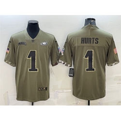 Men Philadelphia Eagles 1 Jalen Hurts Olive 2022 Salute To Service Limited Stitched Jersey