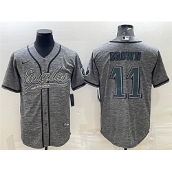 Men Philadelphia Eagles 11 A  J  Brown Grey With Patch Cool Base Stitched Baseball Jersey