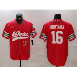 Men San Francisco 49ers 16 Joe Montana Red With Patch Cool Base Stitched Baseball Jersey 3