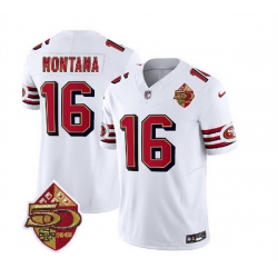 Men San Francisco 49ers 16 Joe Montana White 2023 F U S E  50th Patch Throwback Stitched Football Jersey