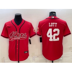 Men San Francisco 49ers 42 Ronnie Lott Red With Patch Cool Base Stitched Baseball JerseyS