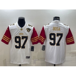 Men San Francisco 49ers 97 Nick Bosa White Gold With 75th Anniversary Patch Stitched Jersey