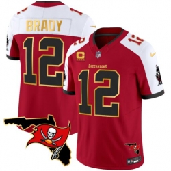 Men Tampa Bay Buccaneers 12 Tom Brady Red White F U S E  With 4 Star C Ptach And Florida Patch Gold Trim Vapor Stitched Jersey