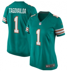 Women Miami Dolphins 1 Tua Tagovailoa Aqua Color Rush Stitched Jersey